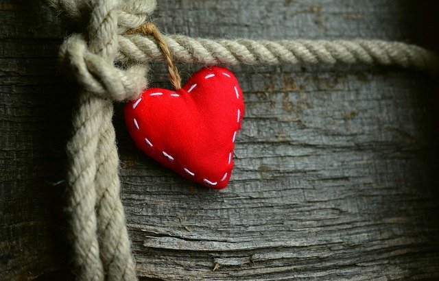 Foto van een touw dat om een boom geknoopt zit met daaraan een rood hartje