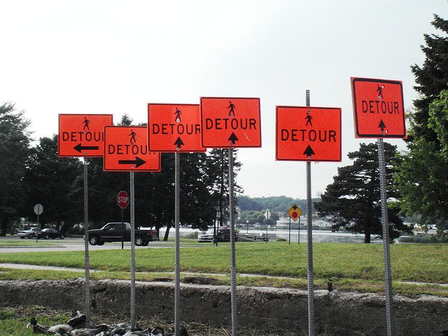 Verkeersborden detour 3 principes eenheid non-dualiteit omweg geluk